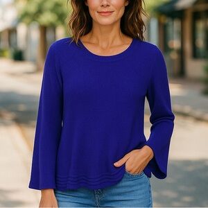 Style & Co Womens Indigo Long Sleeve Ribbed Hem‎ Crew Neck Bell Sleeve Sweater S